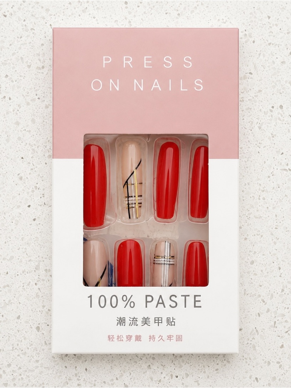 Burrberry Inspired Press On Nails Red & Nude Graphic Set